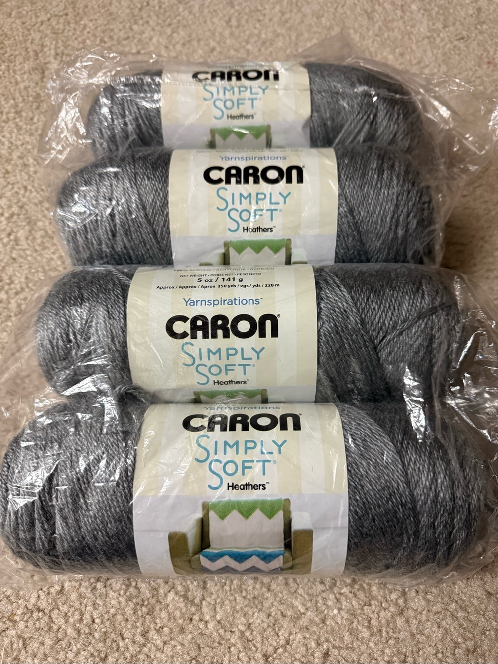 Caron Simply Soft Grey Heather 9509 Acrylic Knitting Yarn 4 Skeins USA